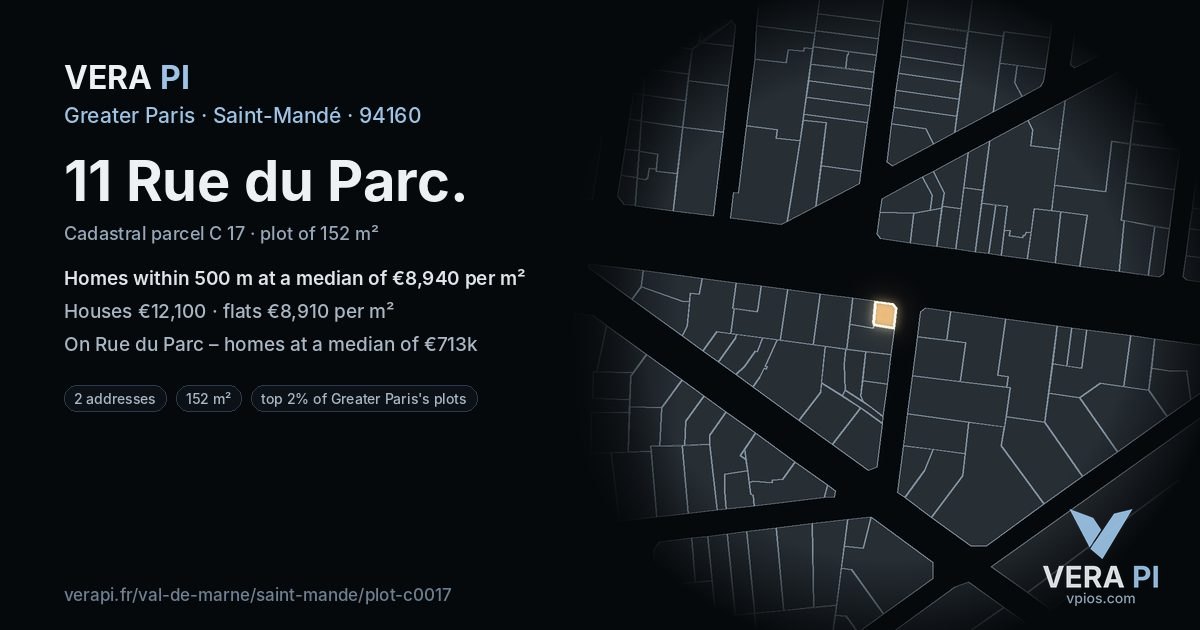 11 Rue du Parc, Saint-Mandé at night – the plot lit, the parcels around coloured by the prices near them