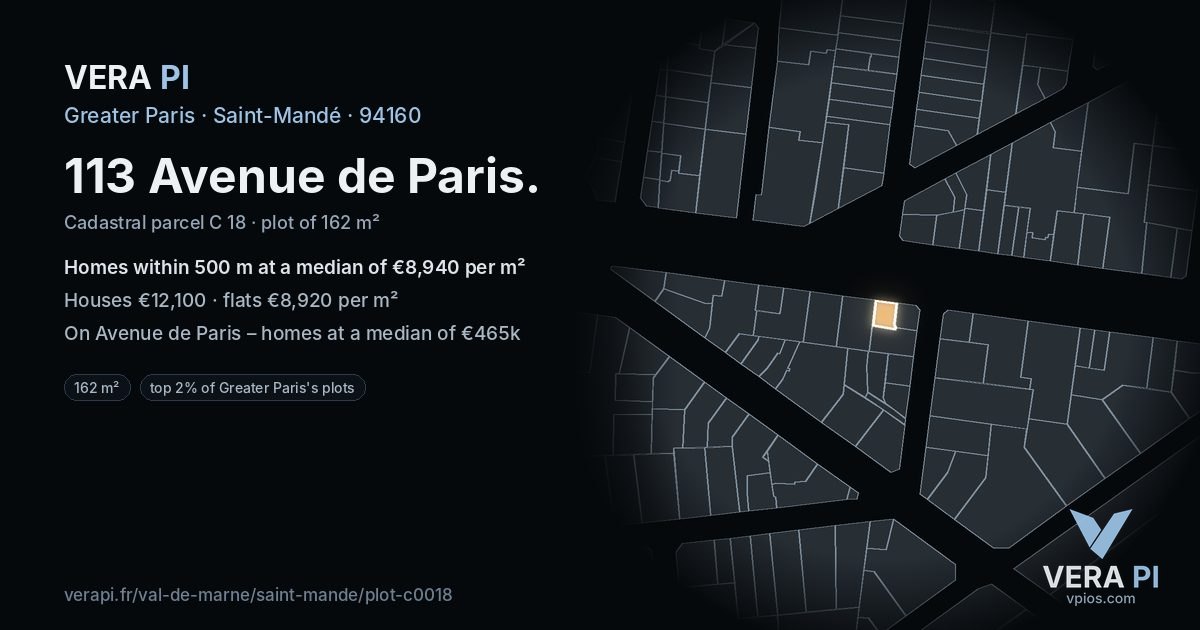 113 Avenue de Paris, Saint-Mandé at night – the plot lit, the parcels around coloured by the prices near them