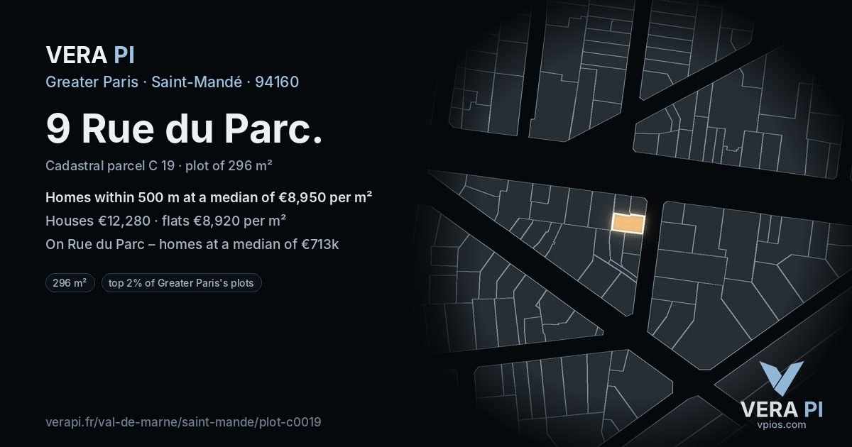9 Rue du Parc, Saint-Mandé at night – the plot lit, the parcels around coloured by the prices near them