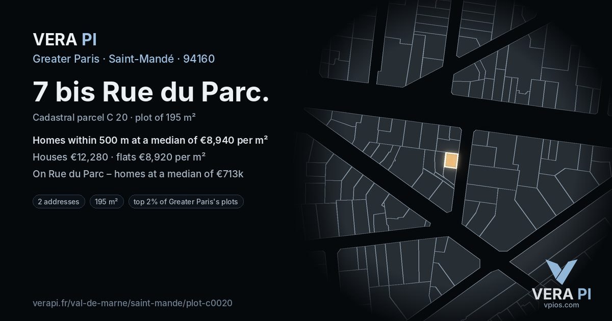7 bis Rue du Parc, Saint-Mandé at night – the plot lit, the parcels around coloured by the prices near them