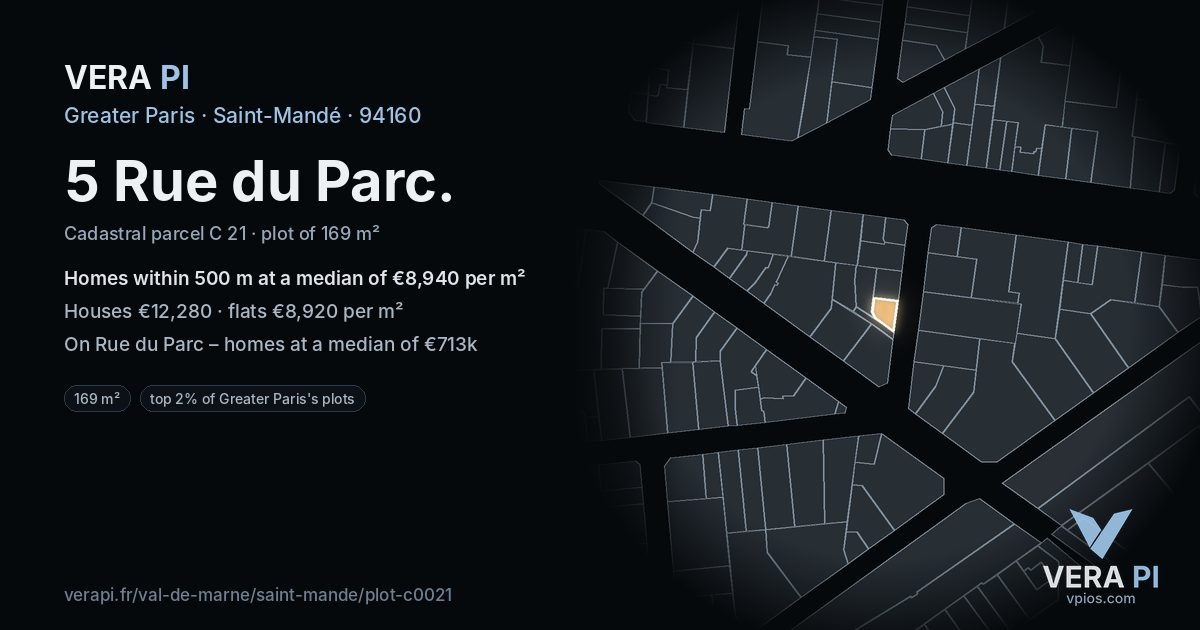 5 Rue du Parc, Saint-Mandé at night – the plot lit, the parcels around coloured by the prices near them