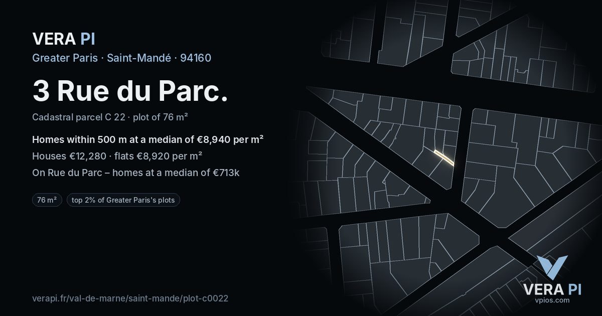 3 Rue du Parc, Saint-Mandé at night – the plot lit, the parcels around coloured by the prices near them