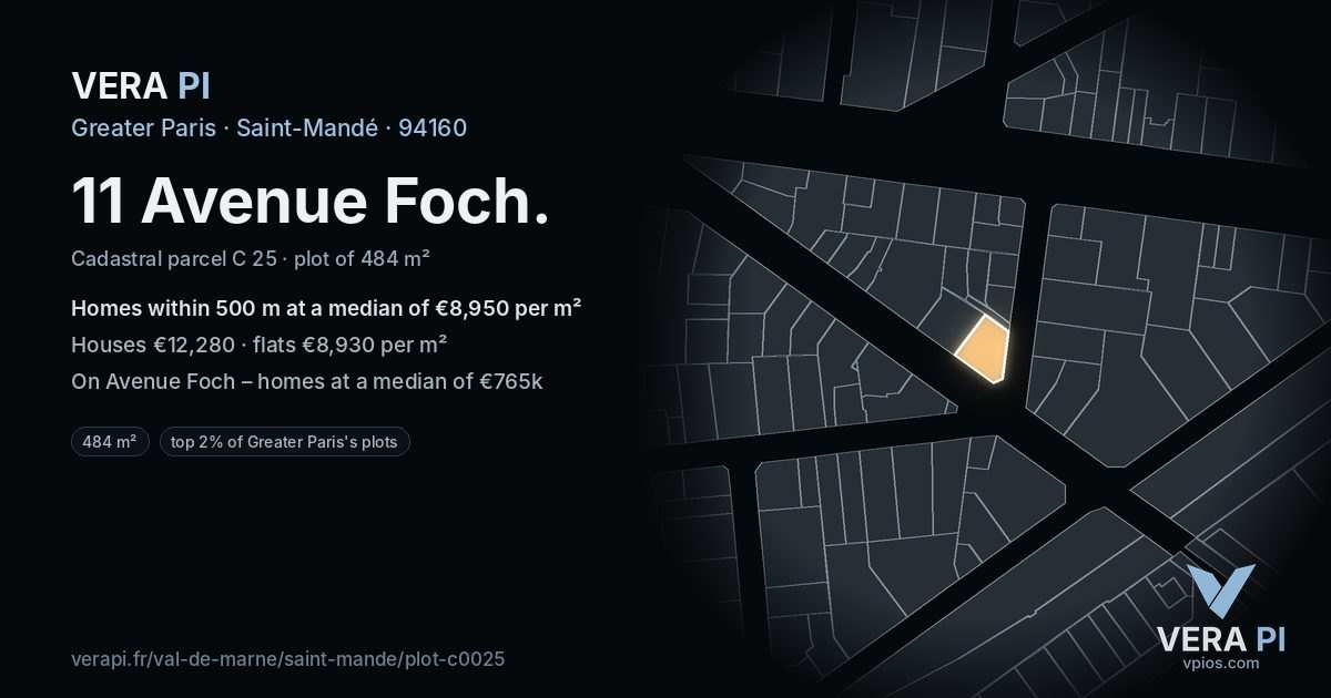 11 Avenue Foch, Saint-Mandé at night – the plot lit, the parcels around coloured by the prices near them