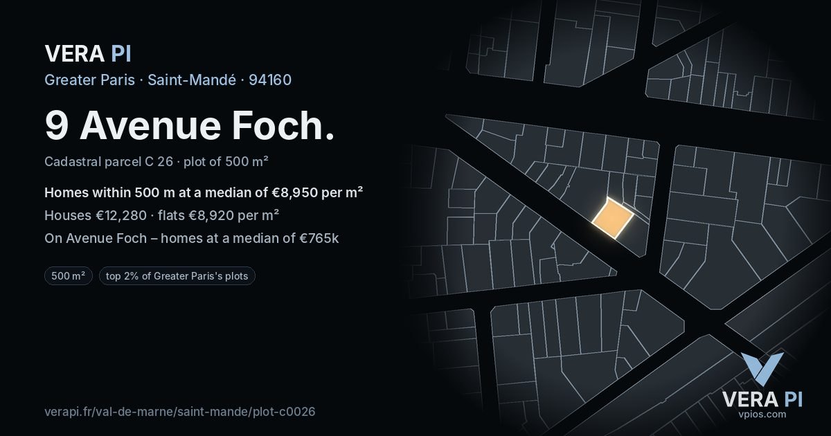 9 Avenue Foch, Saint-Mandé at night – the plot lit, the parcels around coloured by the prices near them