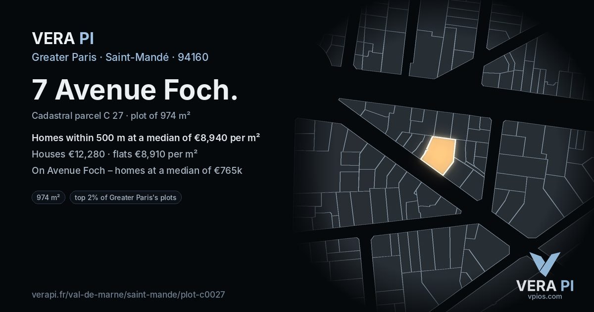 7 Avenue Foch, Saint-Mandé at night – the plot lit, the parcels around coloured by the prices near them