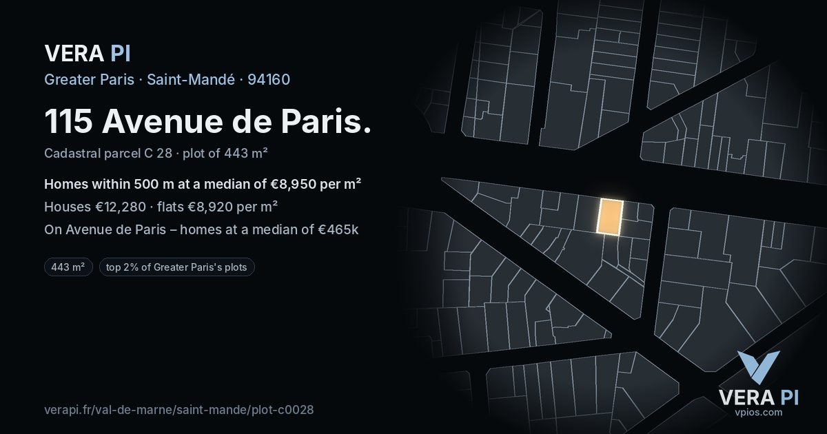 115 Avenue de Paris, Saint-Mandé at night – the plot lit, the parcels around coloured by the prices near them
