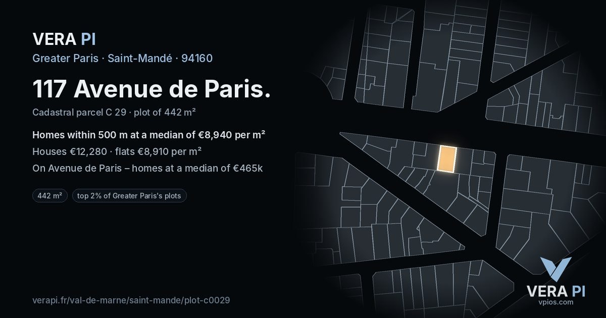 117 Avenue de Paris, Saint-Mandé at night – the plot lit, the parcels around coloured by the prices near them