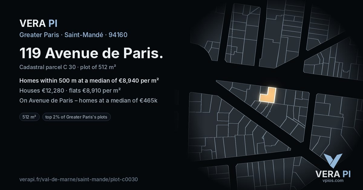 119 Avenue de Paris, Saint-Mandé at night – the plot lit, the parcels around coloured by the prices near them