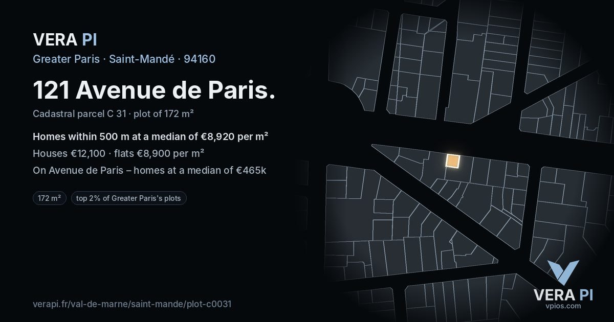 121 Avenue de Paris, Saint-Mandé at night – the plot lit, the parcels around coloured by the prices near them