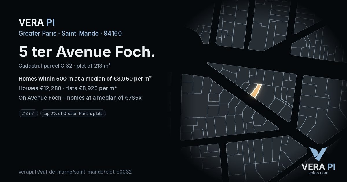 5 ter Avenue Foch, Saint-Mandé at night – the plot lit, the parcels around coloured by the prices near them
