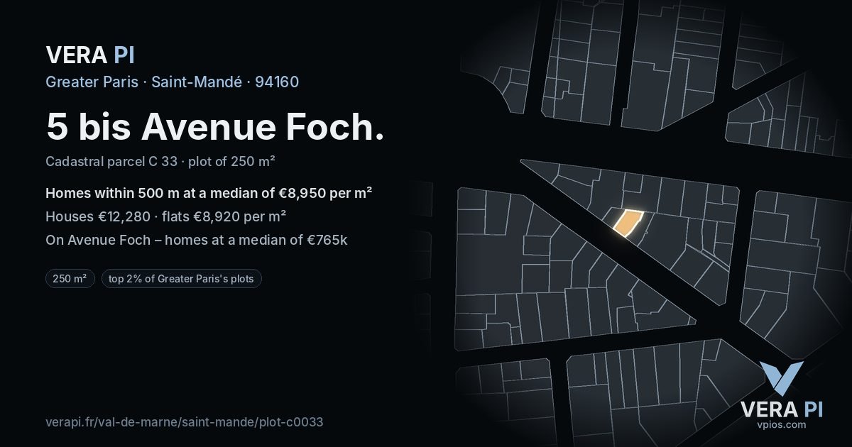 5 bis Avenue Foch, Saint-Mandé at night – the plot lit, the parcels around coloured by the prices near them