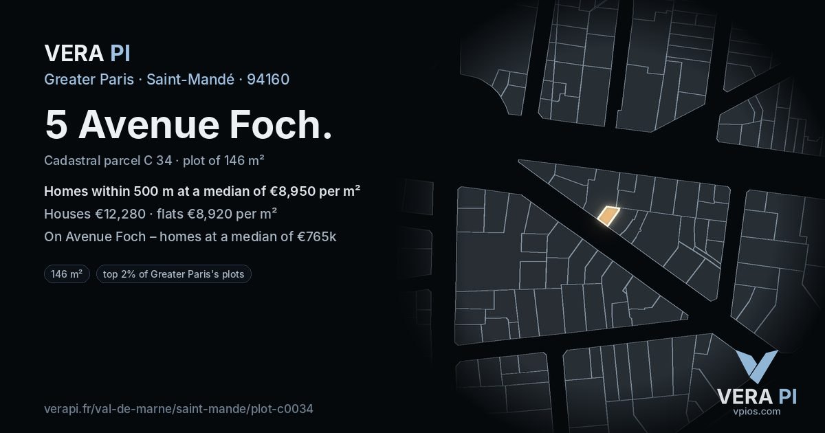 5 Avenue Foch, Saint-Mandé at night – the plot lit, the parcels around coloured by the prices near them
