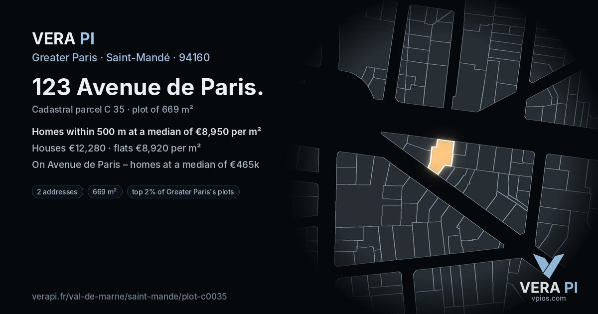 123 Avenue de Paris, Saint-Mandé at night – the plot lit, the parcels around coloured by the prices near them