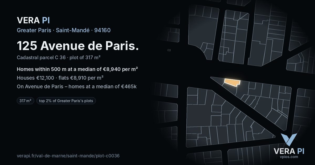 125 Avenue de Paris, Saint-Mandé at night – the plot lit, the parcels around coloured by the prices near them