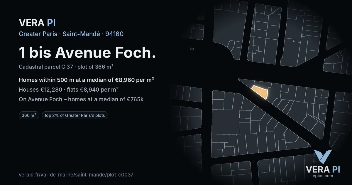 1 bis Avenue Foch, Saint-Mandé at night – the plot lit, the parcels around coloured by the prices near them