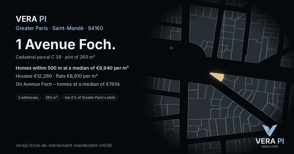 1 Avenue Foch, Saint-Mandé at night – the plot lit, the parcels around coloured by the prices near them