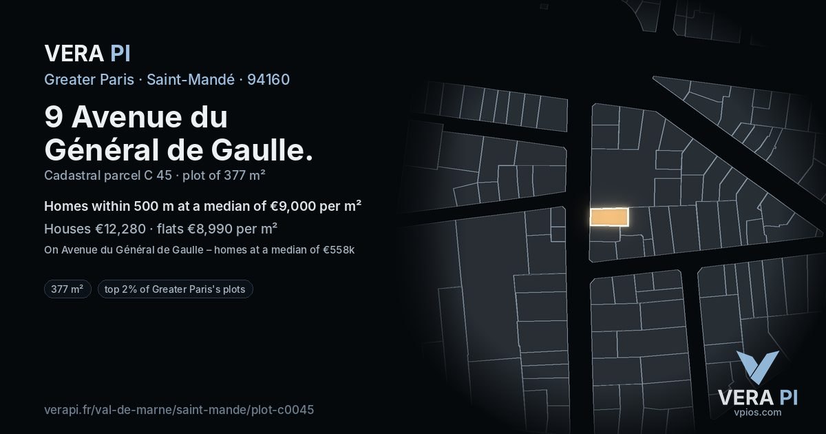 9 Avenue du Général de Gaulle, Saint-Mandé at night – the plot lit, the parcels around coloured by the prices near them