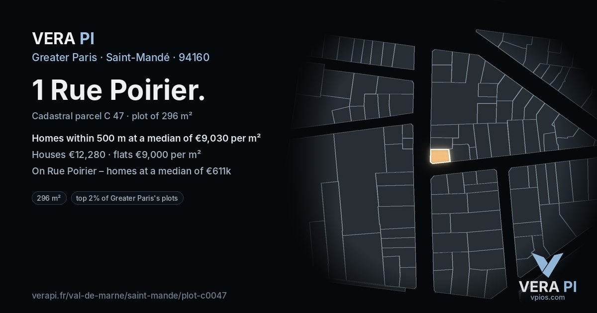 1 Rue Poirier, Saint-Mandé at night – the plot lit, the parcels around coloured by the prices near them