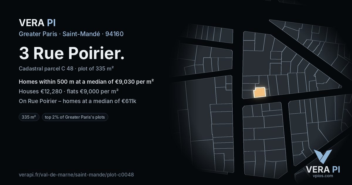3 Rue Poirier, Saint-Mandé at night – the plot lit, the parcels around coloured by the prices near them