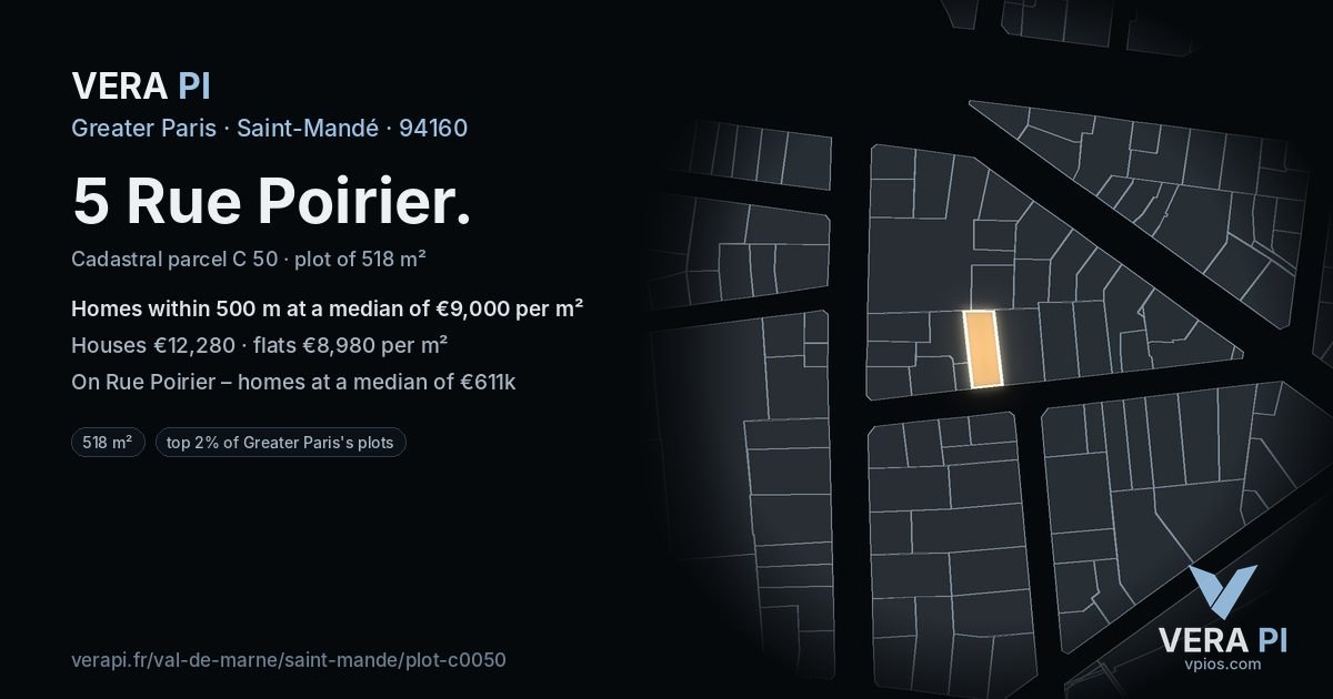 5 Rue Poirier, Saint-Mandé at night – the plot lit, the parcels around coloured by the prices near them