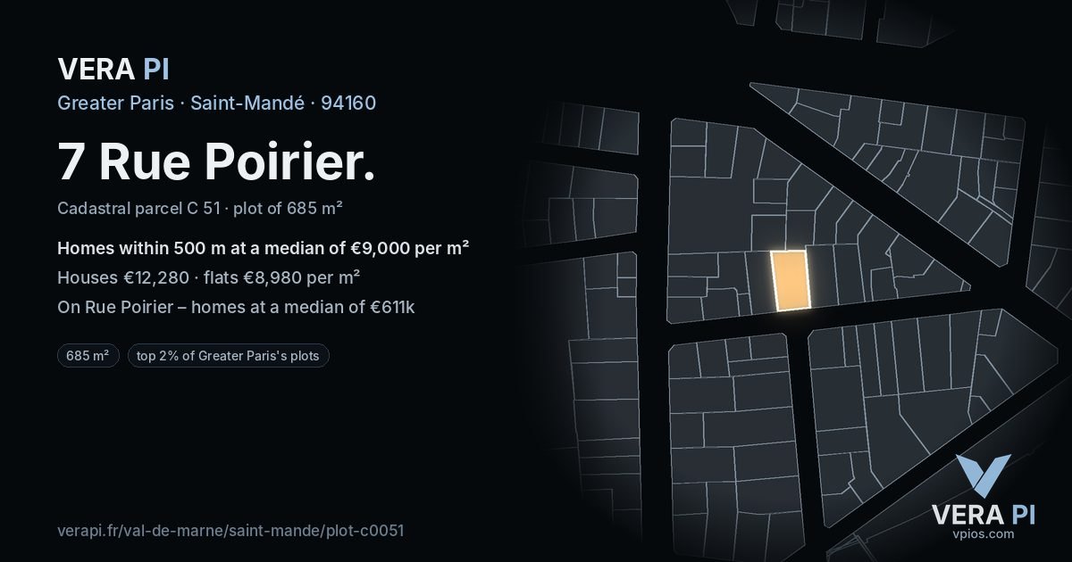 7 Rue Poirier, Saint-Mandé at night – the plot lit, the parcels around coloured by the prices near them