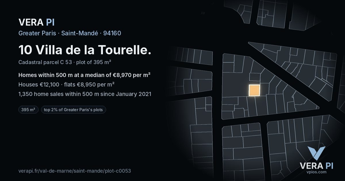 10 Villa de la Tourelle, Saint-Mandé at night – the plot lit, the parcels around coloured by the prices near them