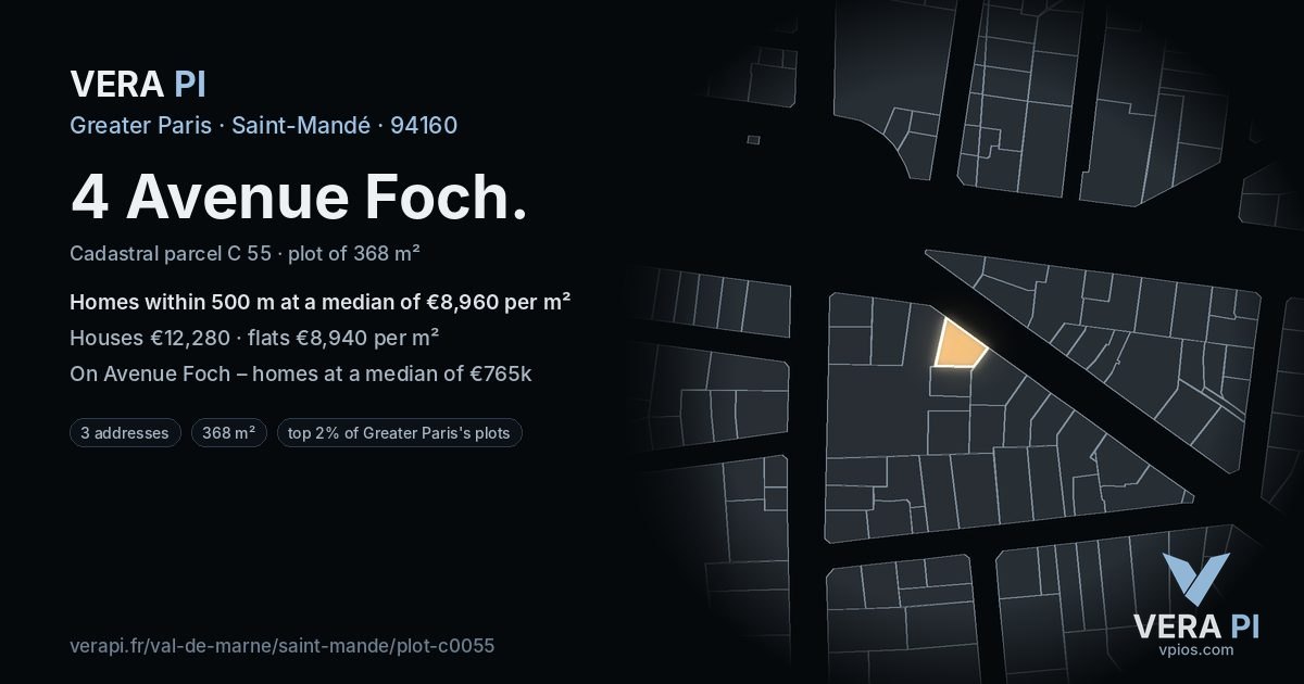 4 Avenue Foch, Saint-Mandé at night – the plot lit, the parcels around coloured by the prices near them