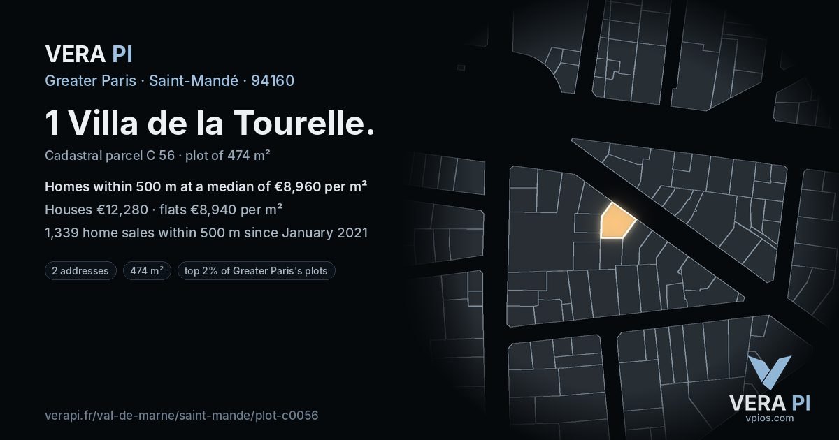 1 Villa de la Tourelle, Saint-Mandé at night – the plot lit, the parcels around coloured by the prices near them