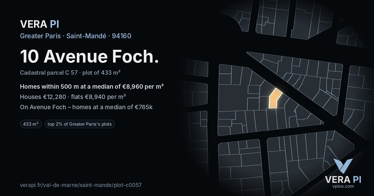 10 Avenue Foch, Saint-Mandé at night – the plot lit, the parcels around coloured by the prices near them