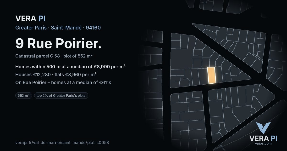 9 Rue Poirier, Saint-Mandé at night – the plot lit, the parcels around coloured by the prices near them