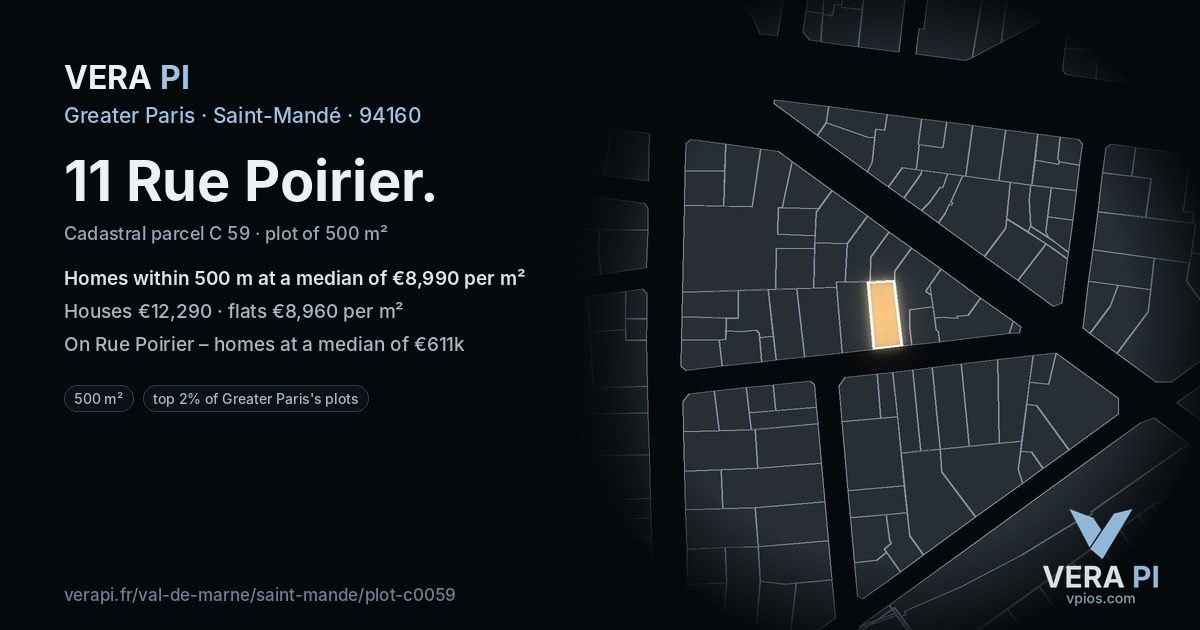 11 Rue Poirier, Saint-Mandé at night – the plot lit, the parcels around coloured by the prices near them