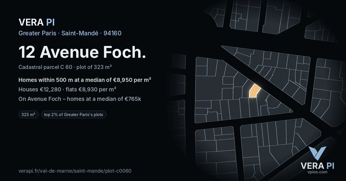 12 Avenue Foch, Saint-Mandé at night – the plot lit, the parcels around coloured by the prices near them