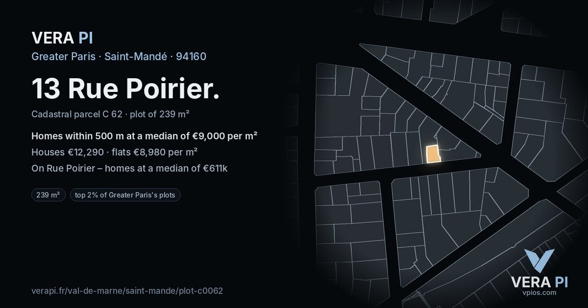 13 Rue Poirier, Saint-Mandé at night – the plot lit, the parcels around coloured by the prices near them