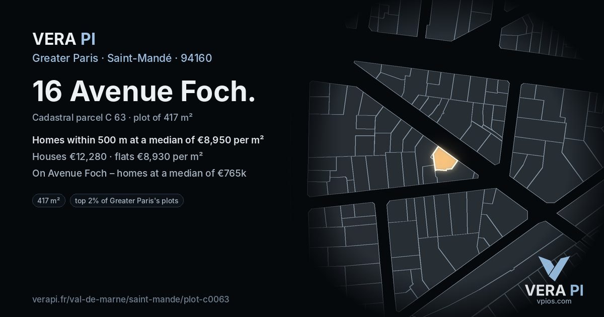 16 Avenue Foch, Saint-Mandé at night – the plot lit, the parcels around coloured by the prices near them