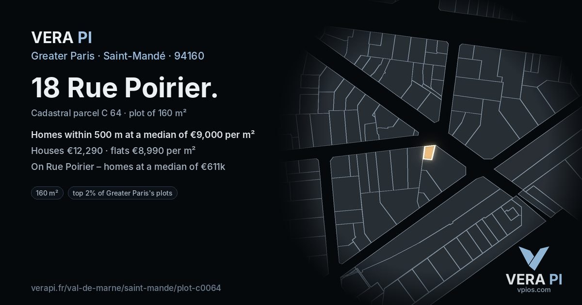18 Rue Poirier, Saint-Mandé at night – the plot lit, the parcels around coloured by the prices near them