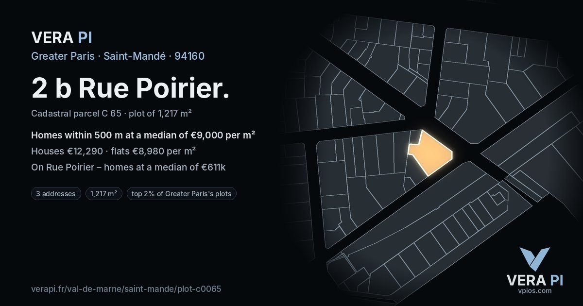 2 b Rue Poirier, Saint-Mandé at night – the plot lit, the parcels around coloured by the prices near them