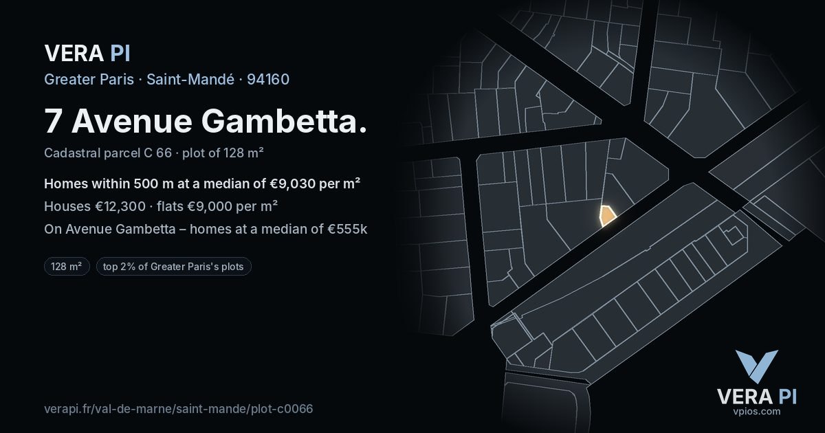 7 Avenue Gambetta, Saint-Mandé at night – the plot lit, the parcels around coloured by the prices near them