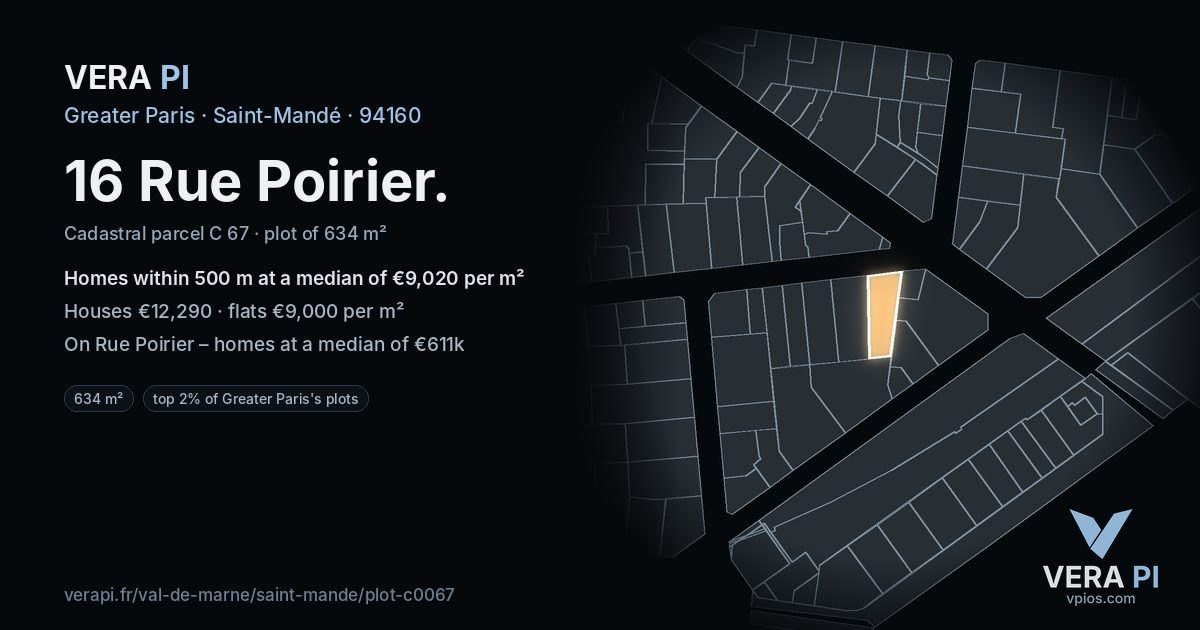 16 Rue Poirier, Saint-Mandé at night – the plot lit, the parcels around coloured by the prices near them