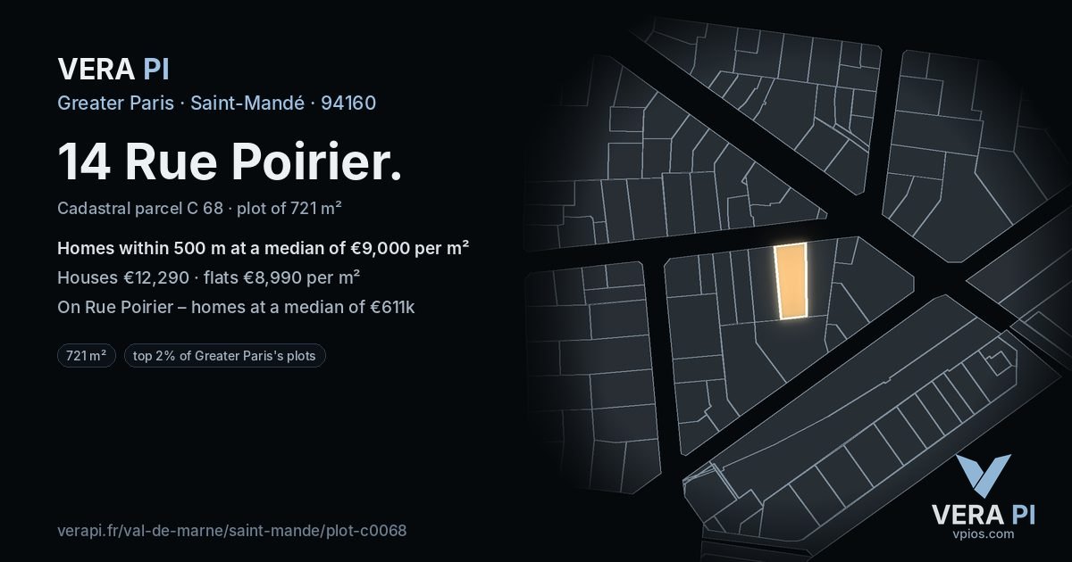 14 Rue Poirier, Saint-Mandé at night – the plot lit, the parcels around coloured by the prices near them
