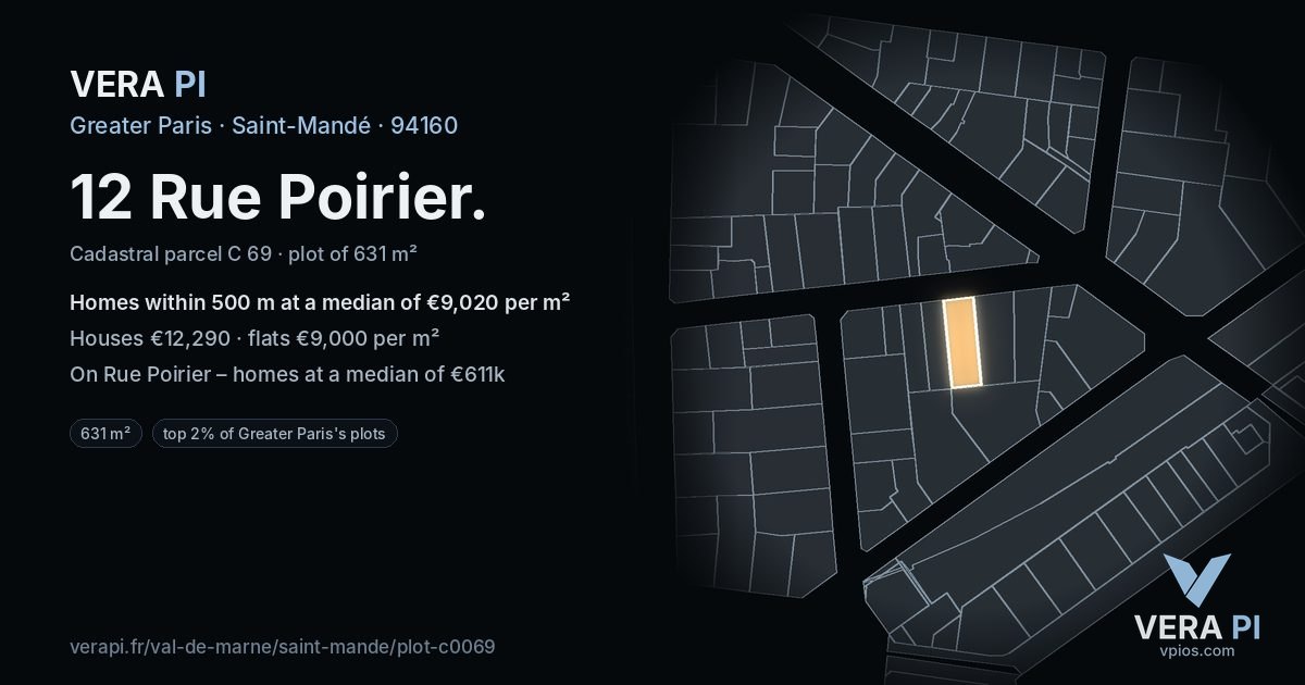 12 Rue Poirier, Saint-Mandé at night – the plot lit, the parcels around coloured by the prices near them