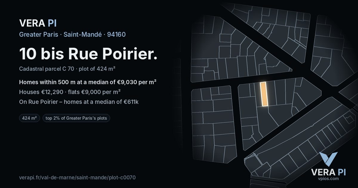 10 bis Rue Poirier, Saint-Mandé at night – the plot lit, the parcels around coloured by the prices near them