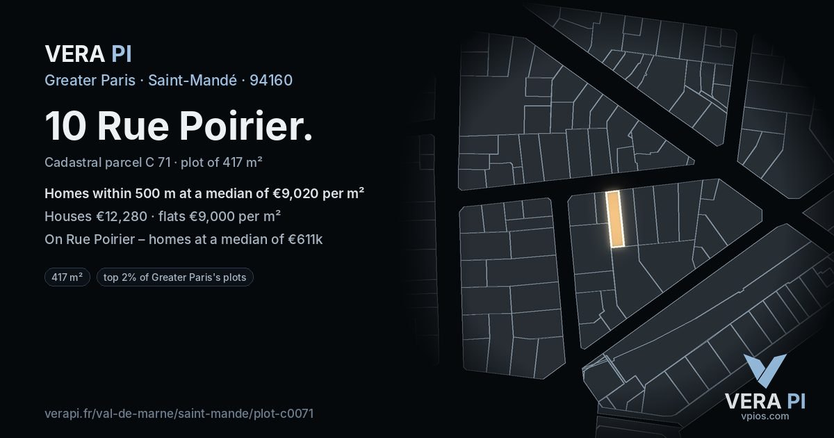 10 Rue Poirier, Saint-Mandé at night – the plot lit, the parcels around coloured by the prices near them