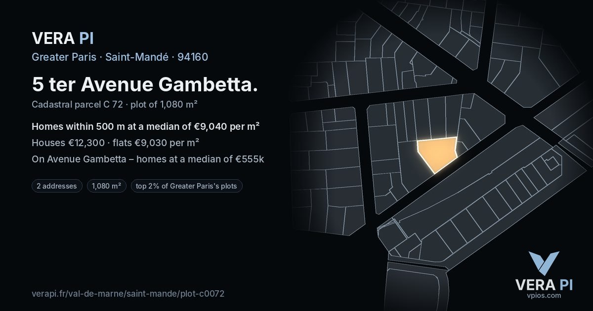5 ter Avenue Gambetta, Saint-Mandé at night – the plot lit, the parcels around coloured by the prices near them