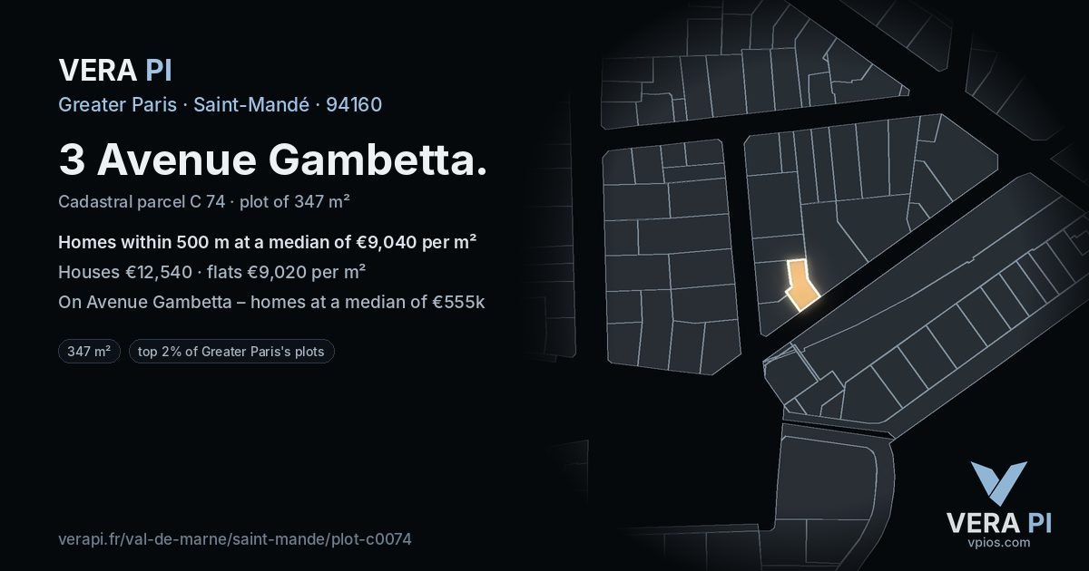 3 Avenue Gambetta, Saint-Mandé at night – the plot lit, the parcels around coloured by the prices near them