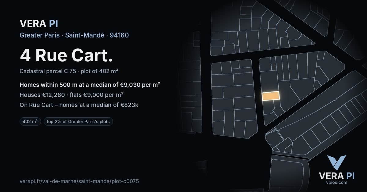 4 Rue Cart, Saint-Mandé at night – the plot lit, the parcels around coloured by the prices near them