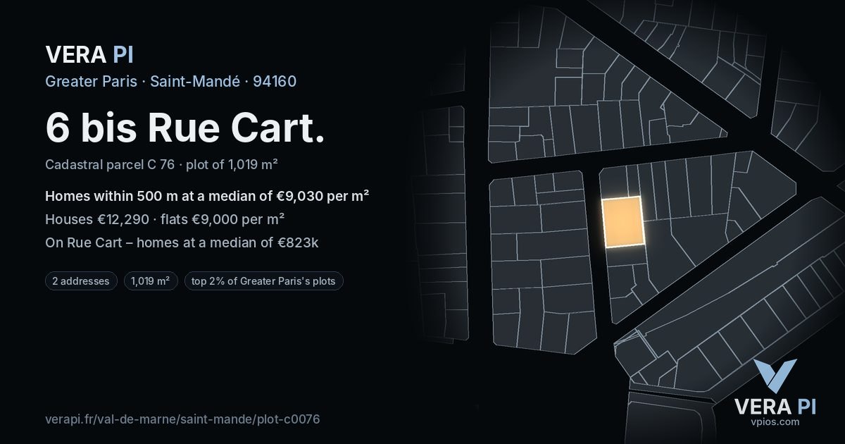 6 bis Rue Cart, Saint-Mandé at night – the plot lit, the parcels around coloured by the prices near them