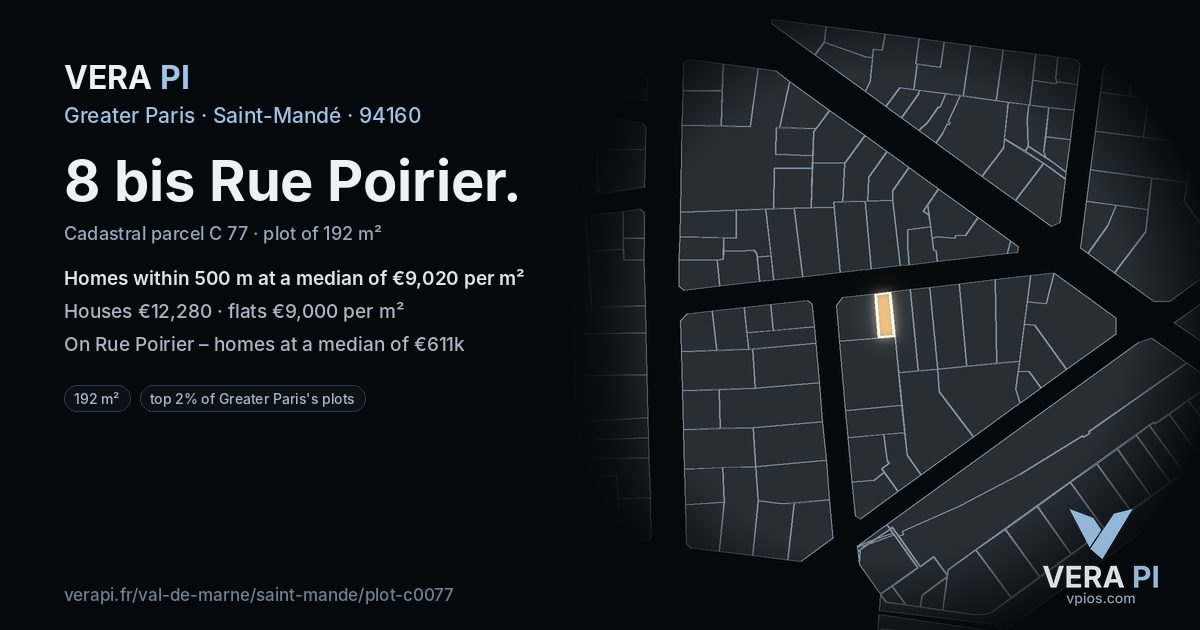 8 bis Rue Poirier, Saint-Mandé at night – the plot lit, the parcels around coloured by the prices near them
