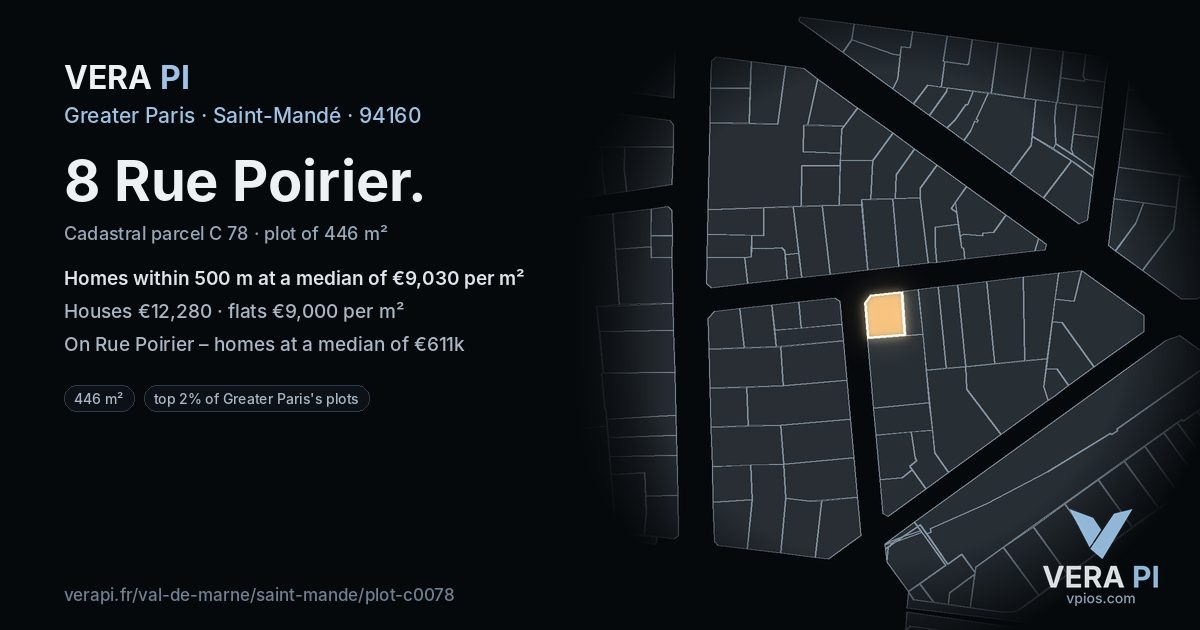 8 Rue Poirier, Saint-Mandé at night – the plot lit, the parcels around coloured by the prices near them
