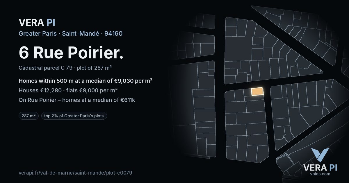 6 Rue Poirier, Saint-Mandé at night – the plot lit, the parcels around coloured by the prices near them