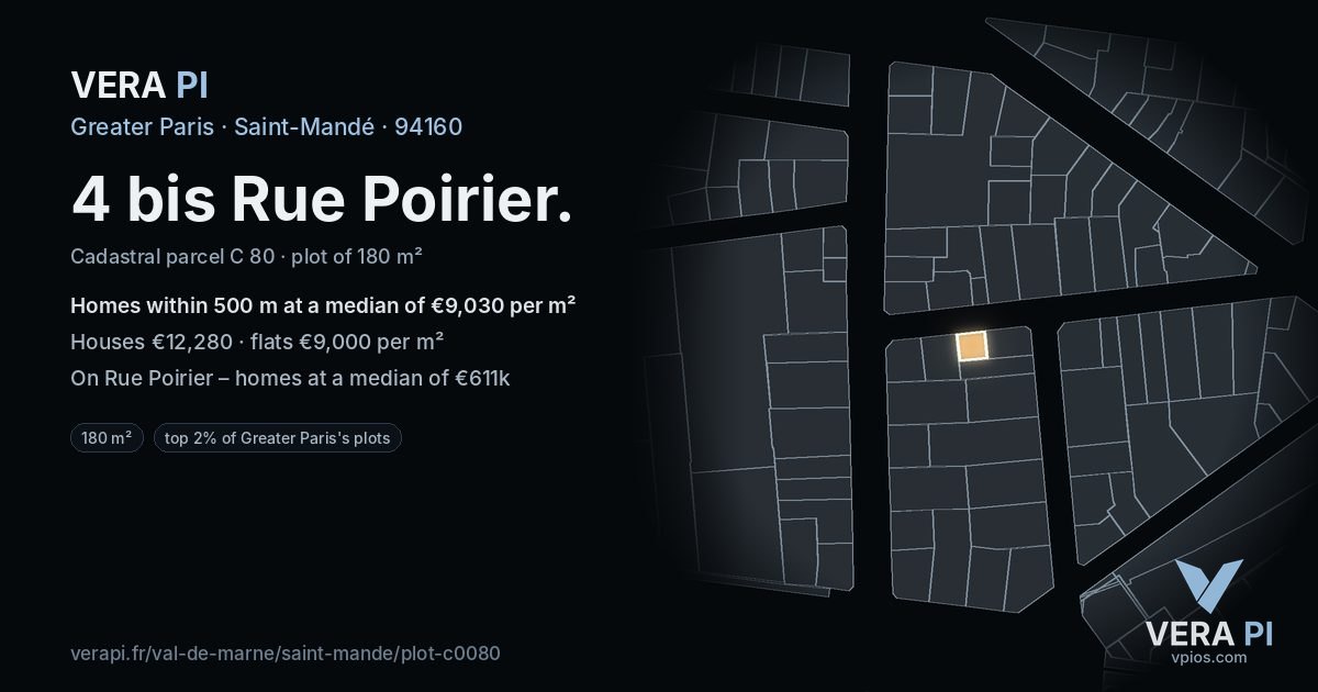 4 bis Rue Poirier, Saint-Mandé at night – the plot lit, the parcels around coloured by the prices near them